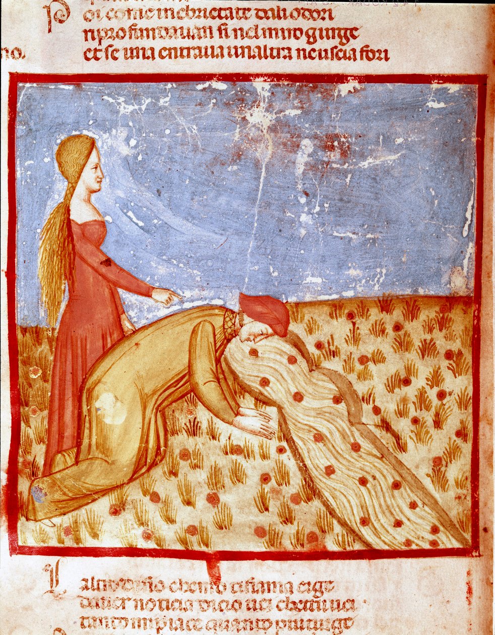 Am Eingang des Paradieses trifft Dante Mathelda und trinkt Wasser aus dem Eunoe-Fluss, das die Erinnerung an gute Taten stärkt. Illustrierte Seite eines Gesangs des Paradieses aus der „Divina Commedia“ von Dante Alighieri (1265-1321). 14. Jahrhundert von Unknown artist