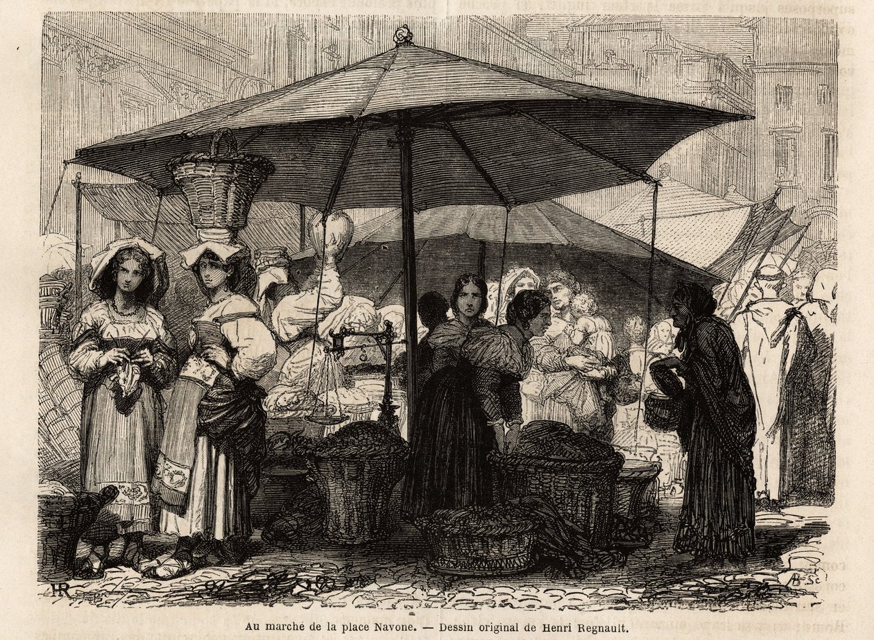 Am Fuße der Piazza Navona, Rom (Italien). Gravur zur Illustration der Reise nach Rom, von Francis Wey, 1864-1868, veröffentlicht in „Le tour du monde, nouveau journal des voyages“, unter der Leitung von Edouard Charton von Unknown artist