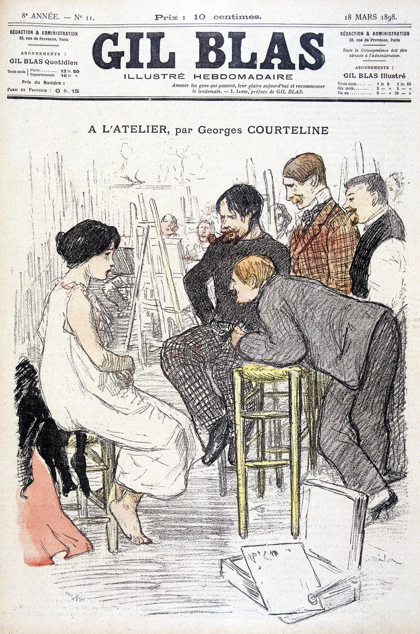 Im Atelier von Georges Courteline. Mann beobachtet eine Frau, die in einem Atelier posiert. In „Gil Blas“, am 18.03.1898 von Unknown artist