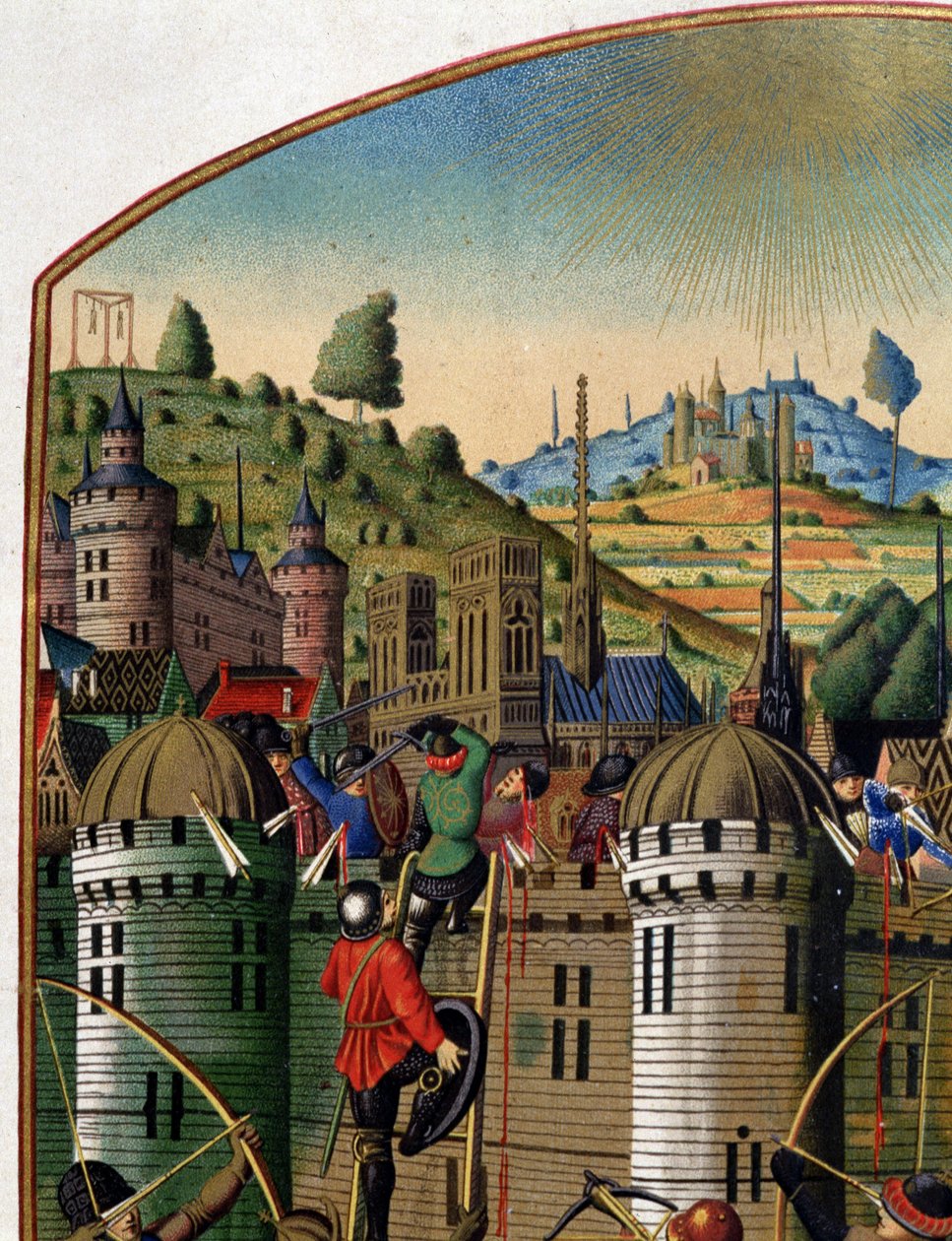 Angriff auf das Schloss von Philippe Auguste mit Blick auf Paris und den Montfaucon-Galgen während des Hundertjährigen Krieges, Mitte des 15. Jahrhunderts (Detail) von Unknown artist