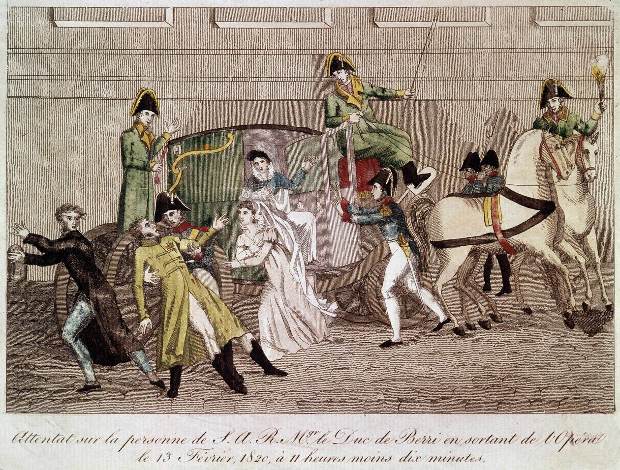 Angriff auf den Herzog von Berry durch Louis Pierre Louvel beim Verlassen der Oper am 13. Februar 1820 (Gravur des 19. Jahrhunderts) von Unknown artist