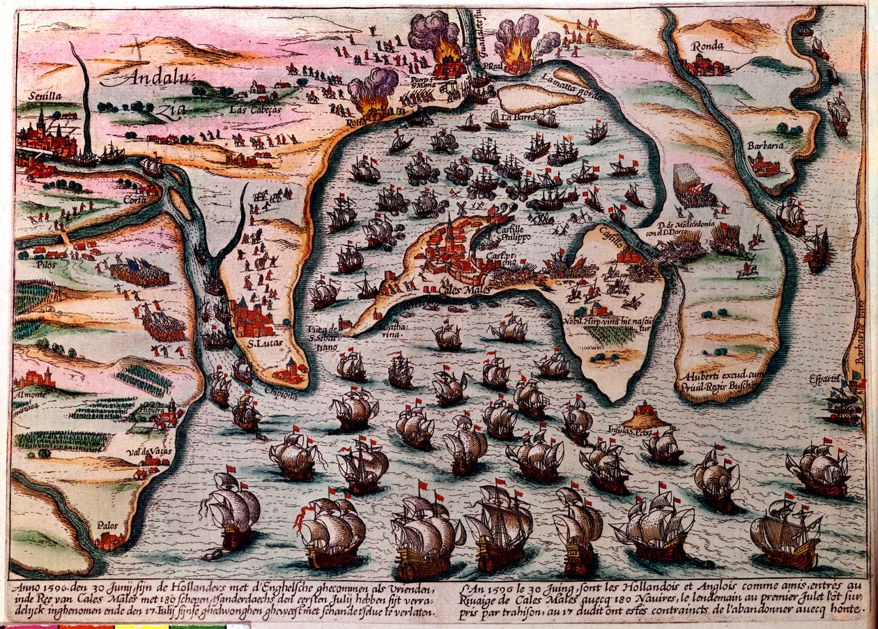 Schlachtplan von Cales Males (Spanien) am 30. Juni 1596. Die Flotte der niederländischen und englischen Armee betritt als Freunde Cales Males mit 180 Schiffen. Am nächsten Tag, dem 1. Juli, mussten sie die Stadt aufgrund von Verrat beschämt verlassen. Grav von Unknown artist