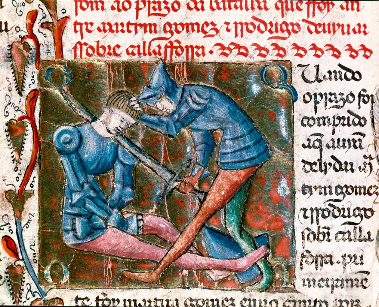 Schlacht zwischen Rodrigo Diaz de Vivar genannt El Cid (1043-1099) und Martin Gomez. Miniatur aus „Chroniken von Spanien“ von Unknown artist