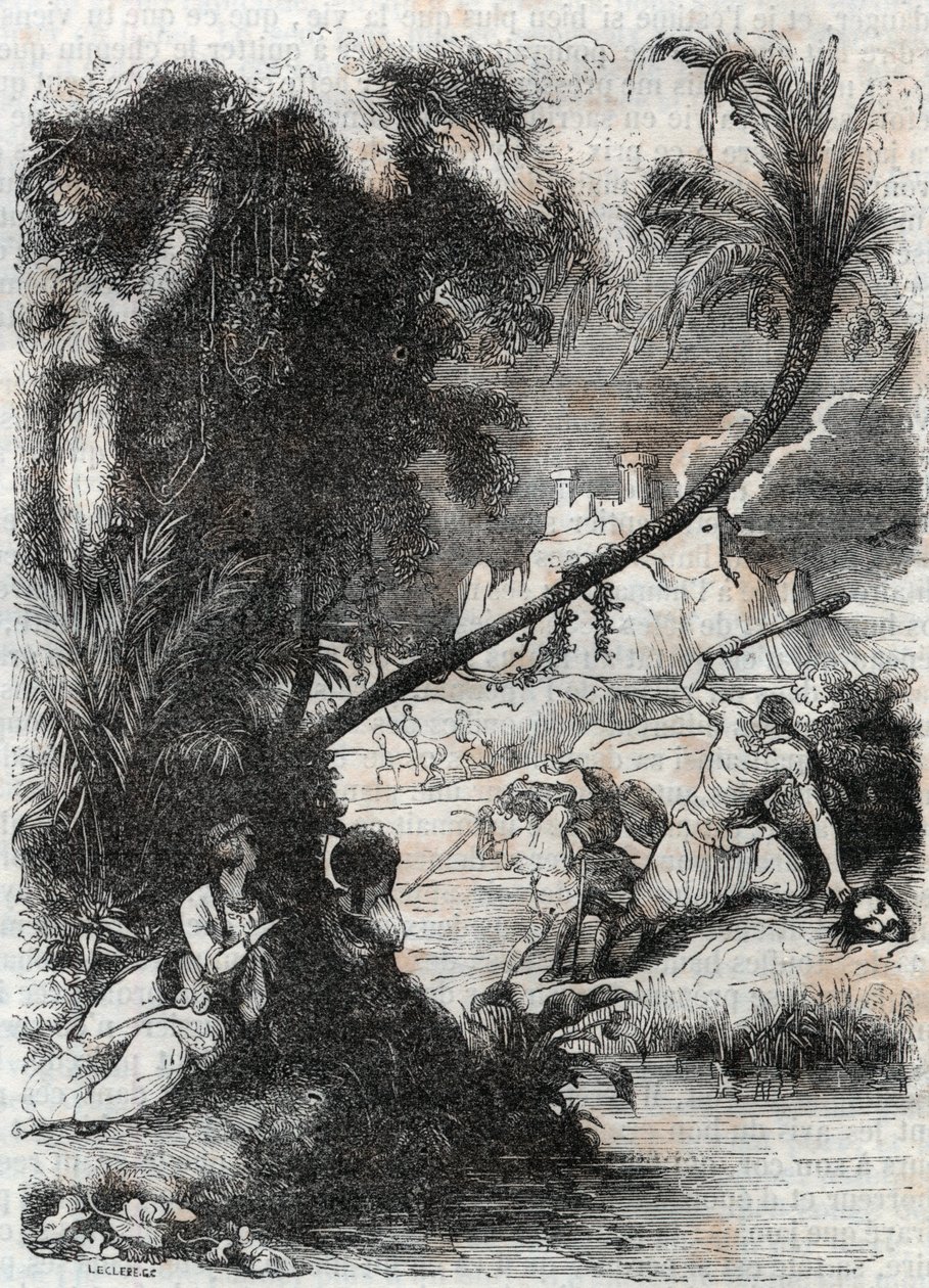 Schlacht von Griffon und Aquilant gegen Orrile - Gravur von 1851 aus „Furioser Roland“ (Orlando furioso) (16. Jahrhundert) von Ludovico Ariosto, bekannt als der Ariosta - Ausgabe übersetzt aus dem Italienischen von Graf von Tressan und veröffentlicht von G von Unknown artist