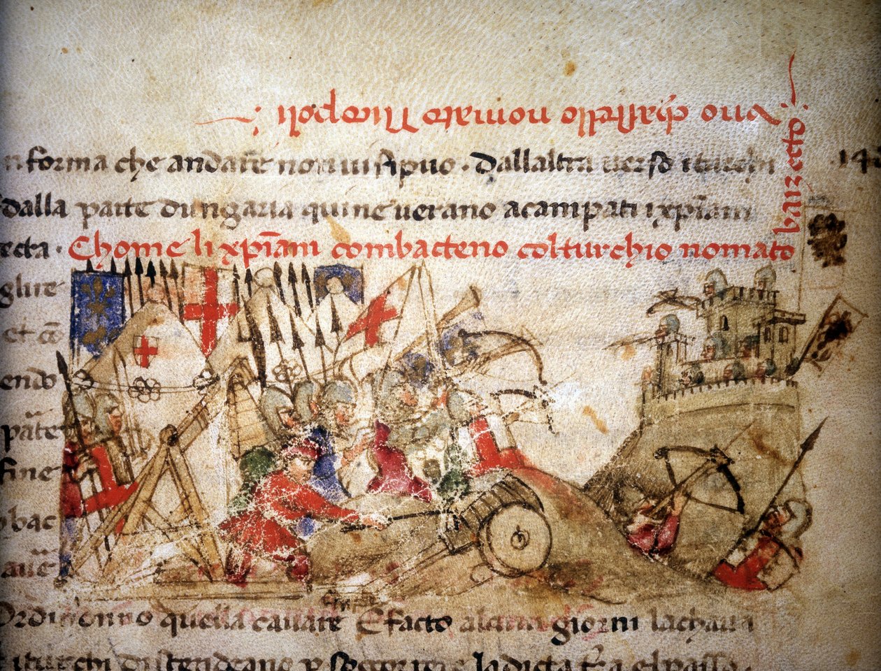 Schlacht von Nikopolis: Niederlage der Christen durch Bayazid I. (Türkei) am 28.09.1396 - in „Croniche del Sercambi“, um 1400. Nationalarchiv, Lucca von Unknown artist