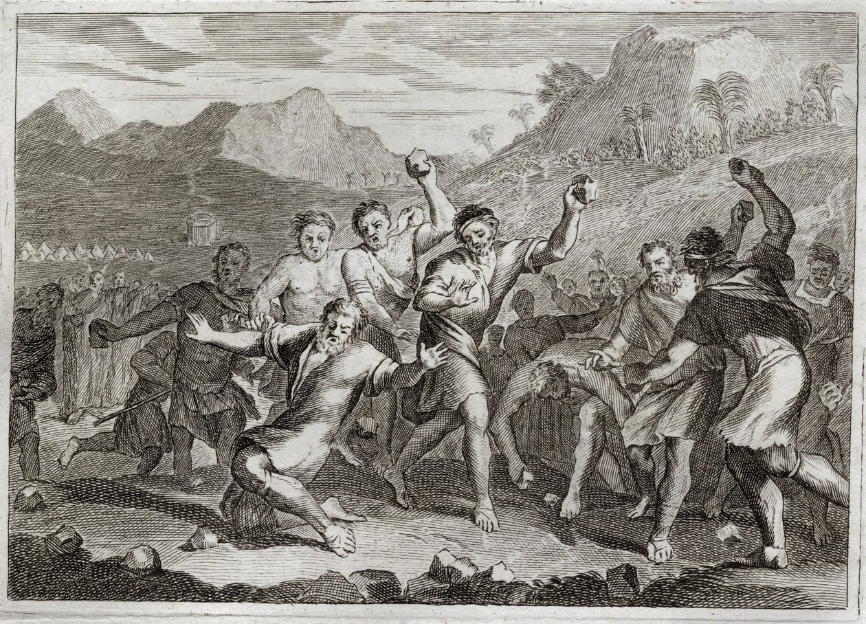 Bibel von Royaumont, Altes Testament: Gotteslästerer gesteinigt. Gott lässt einen Gotteslästerer und einen anderen, der den heiligen Sabbat verletzt hat, indem er einige Halme auf dem Feld sammelte, steinigen. Illustration von 1811. von Unknown artist