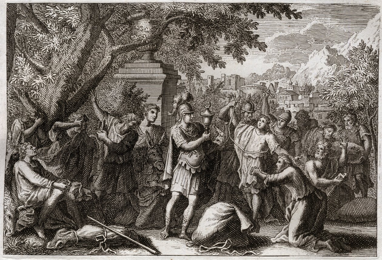 Bibel von Royaumont, Altes Testament: Die Brüder von Joseph. Joseph lässt seine Brüder ins Gefängnis werfen. Illustration von 1811. von Unknown artist