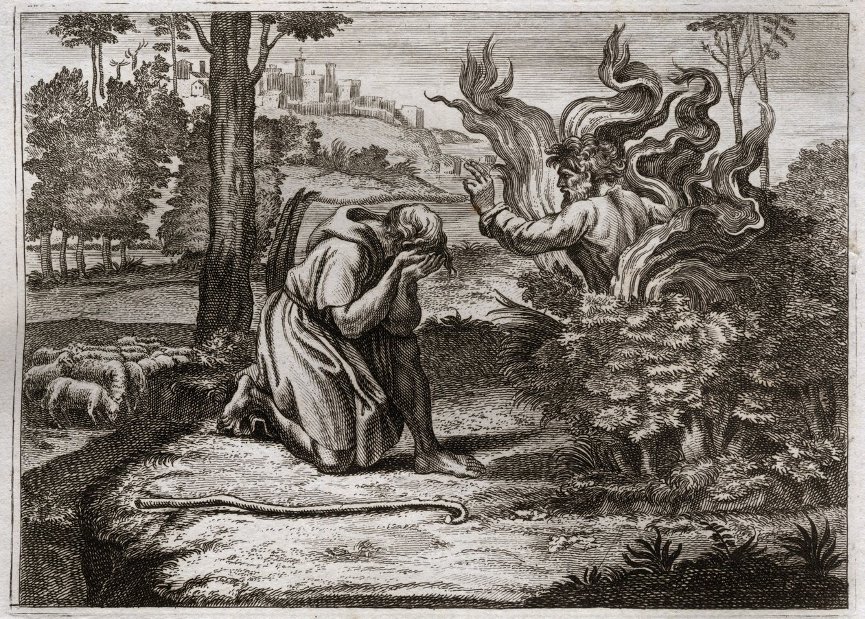 Bibel von Royaumont, Altes Testament: Der brennende Dornbusch. Gott spricht zu Mose aus der Mitte eines brennenden Dornbuschs. Illustration von 1811. von Unknown artist