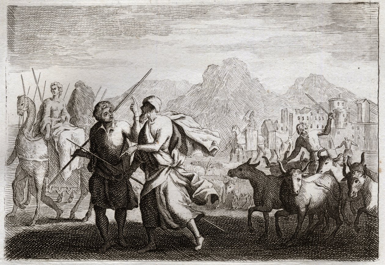 Bibel von Royaumont, Altes Testament: Berufung Abrahams. Gott ruft Abraham und befiehlt ihm, das Land der Chaldäer zu verlassen und in ein Land zu kommen, das er ihm versprochen hat. Illustration von 1811. von Unknown artist