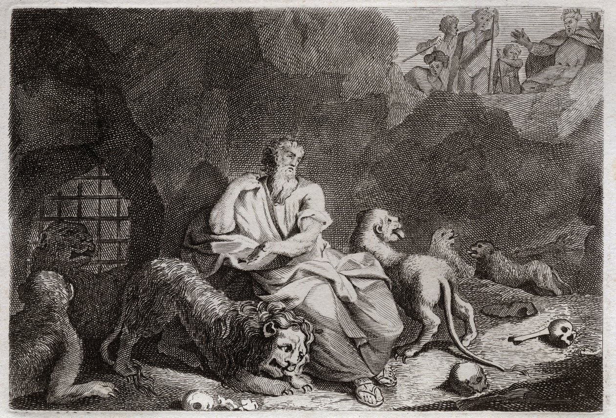 Bibel von Royaumont, Altes Testament: Daniel in der Löwengrube. Daniel wird in die Löwengrube geworfen und überlebt auf wundersame Weise. Illustration von 1811. von Unknown artist