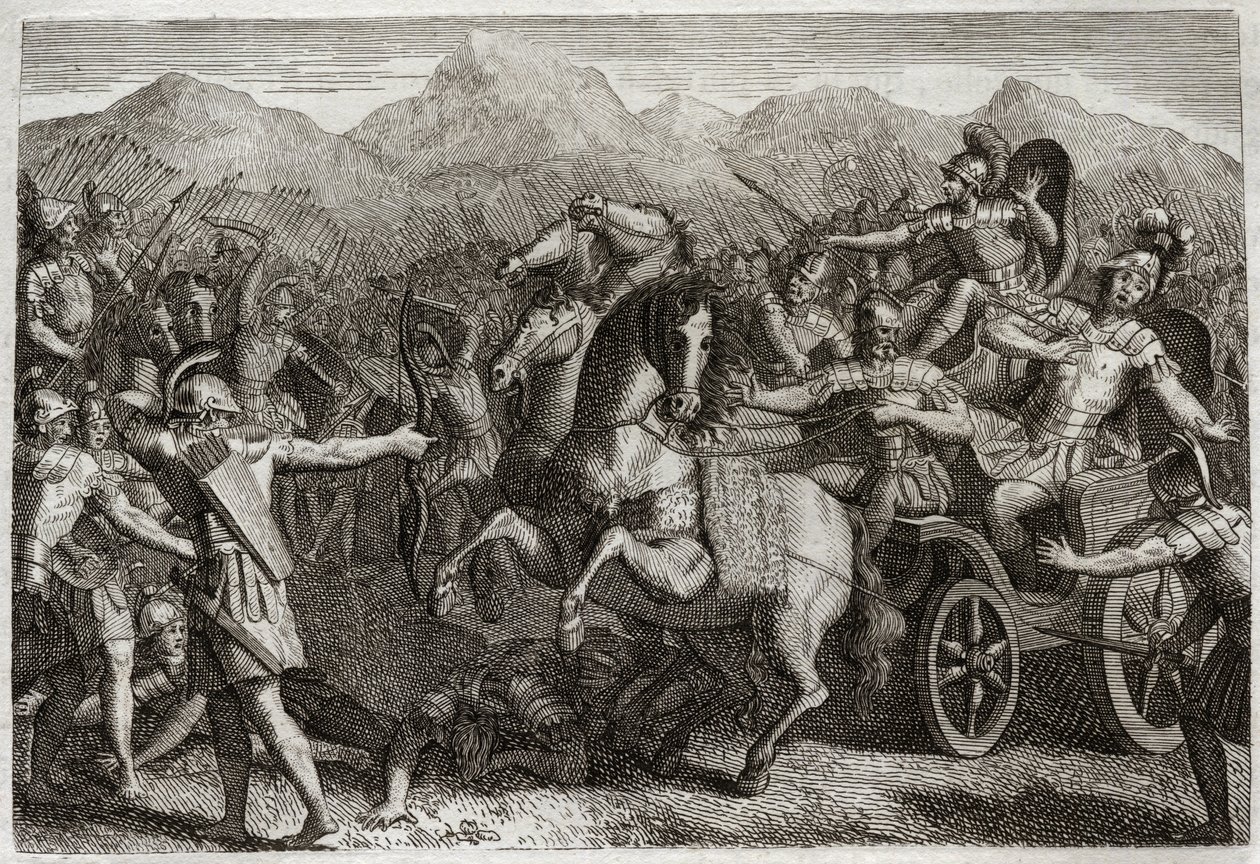 Royaumont-Bibel, Altes Testament: Tod von Ahab. Ahab (Achab) führt Krieg gegen Syrien und wird von einem zufälligen Pfeil getötet. Illustration von 1811 von Unknown artist