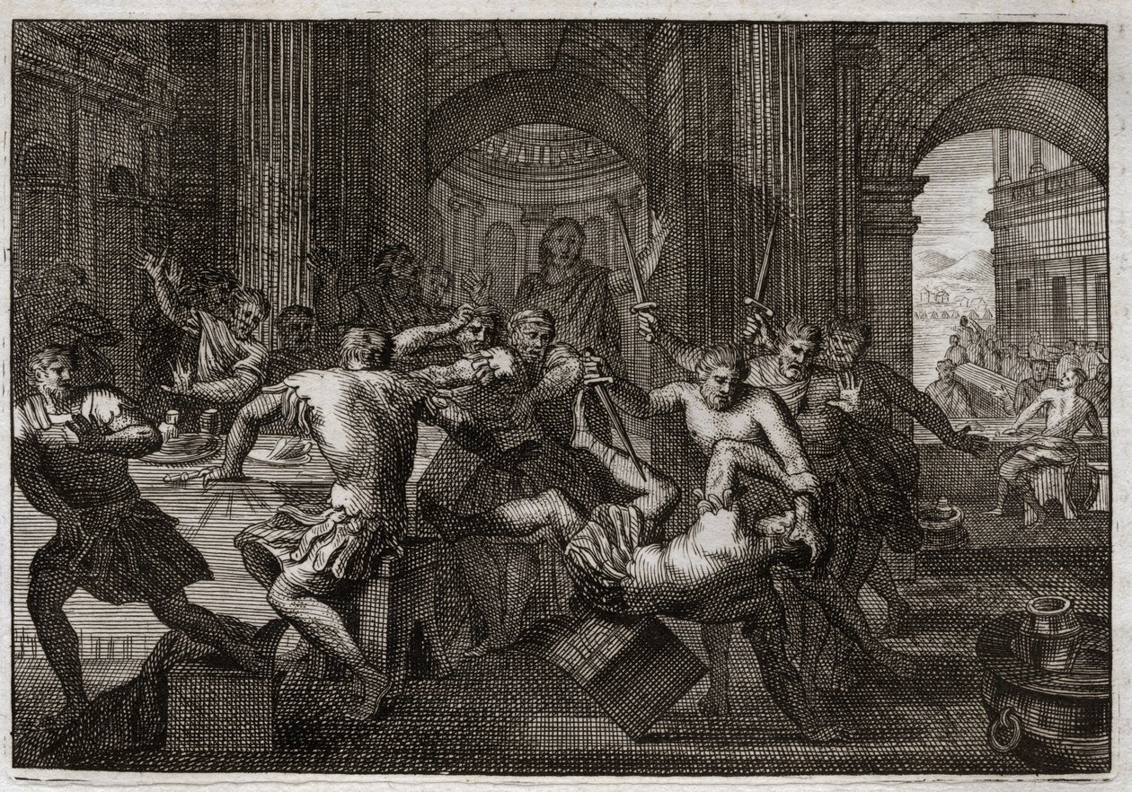 Bibel von Royaumont, Altes Testament: Tod von Amnon. Absalom (oder Avshalom, Absalon) versöhnt sich mit David und zwingt seinen Bruder Amnon (Ammon) bei einem Fest zur Flucht. David ist gezwungen, aus Jerusalem zu fliehen, und erträgt diese Verfolgung mit  von Unknown artist