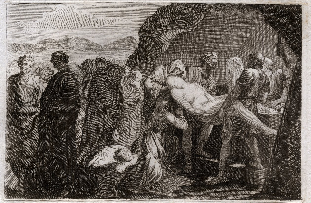 Royaumont-Bibel, Altes Testament: Tod von Sara. Sara (Sarah) stirbt. Abraham kauft ein Grab in der Stadt Geth, um sie zu begraben. Illustration von 1811. von Unknown artist