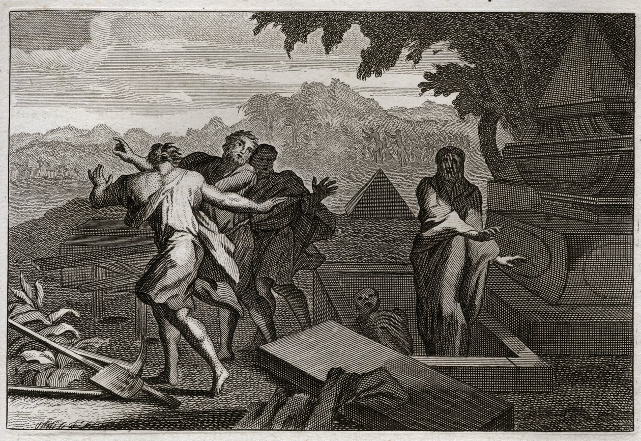 Bibel von Royaumont, Altes Testament: Auferstehung eines Toten. Ein Toter wurde zufällig in das Grab von Elisa geworfen und erweckte zum Leben, als er seine Knochen berührte. Illustration von 1811. von Unknown artist