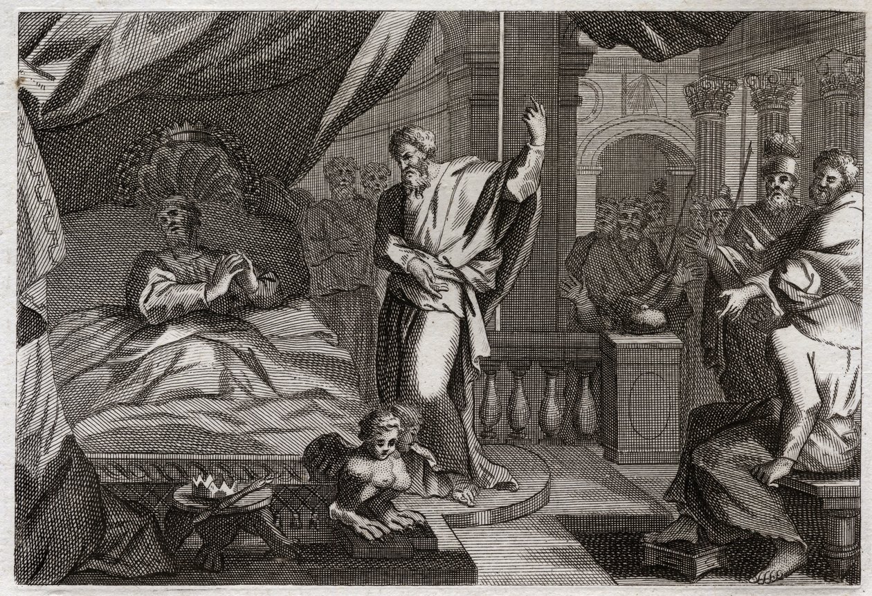 Bibel von Royaumont, Altes Testament: Ezechias erhält Gesundheit. König Ezechias war todkrank, erhielt Gesundheit und weitere fünfzehn Jahre Leben. Der Prophet Jesaja kündigt seinen Krieg an: das Zeichen wird sein, den Schatten der Uhr um zehn Grad zurückz von Unknown artist