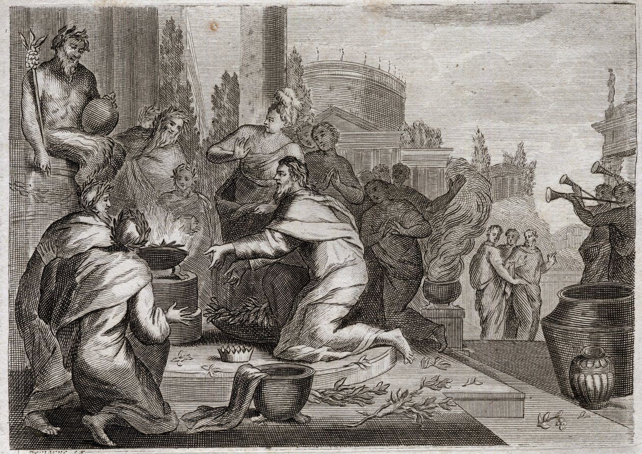 Bibel von Royaumont, Altes Testament: Fall Salomos. Salomo wird von Frauen verführt und opfert den Götzen der falschen Götter Weihrauch. Sein Tod. Illustration von 1811. von Unknown artist