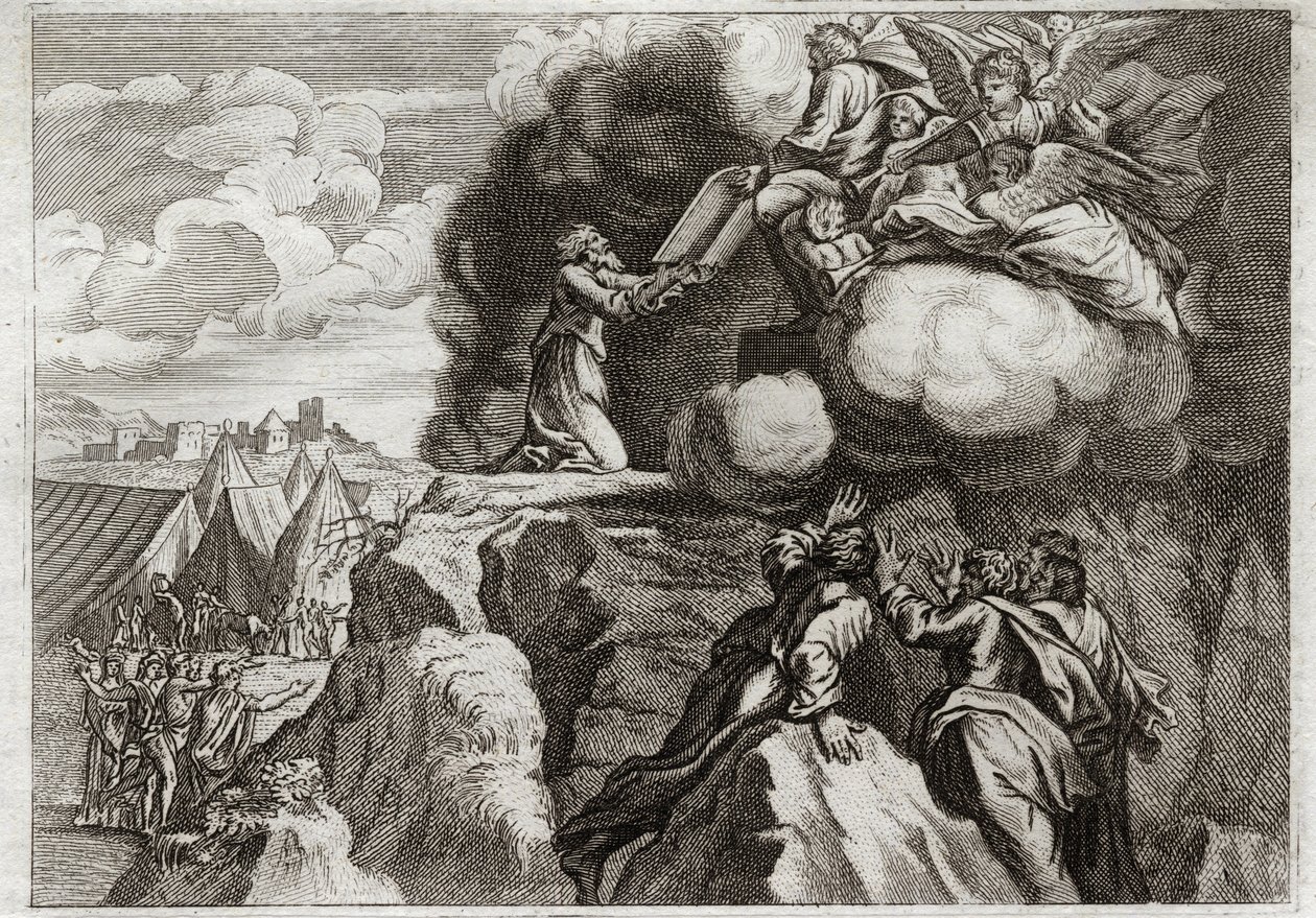Royaumont-Bibel, Altes Testament: Erste Gesetzestafeln. Gott gibt seinem Volk das Gesetz auf dem Berg Sinai. Moses erhält die 10 Gebote aus den Händen Gottes. Illustration von 1811. von Unknown artist