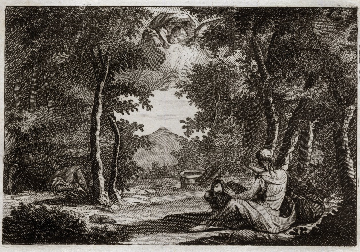 Royaumont-Bibel, Altes Testament: Flucht von Hagar. Hagar erhebt sich gegen Sara, ihre Herrin. Sara bestraft ihre Unverschämtheit mit Strenge. Hagar kann es nicht ertragen und flieht aus dem Haus in die Wüste, wo ein Engel zu ihr spricht, um sie zurückzubr von Unknown artist