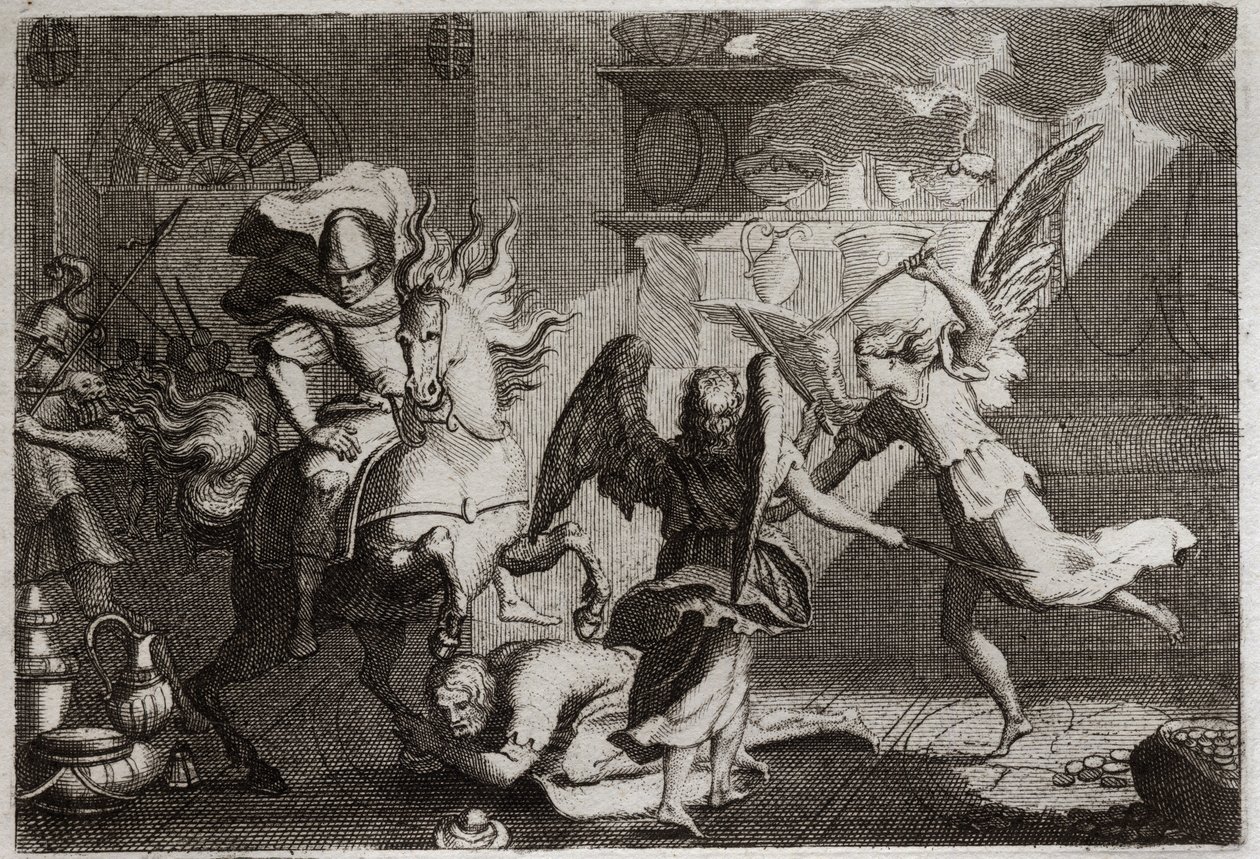 Bibel von Royaumont, Altes Testament: Heliodor wird aus dem Tempel vertrieben. Heliodor (Heliodoros), der von seinem Herrscher geschickt wurde, um den Tempel von Jerusalem zu plündern, wurde von Engeln mit Ruten geschlagen. Illustration von 1811. von Unknown artist