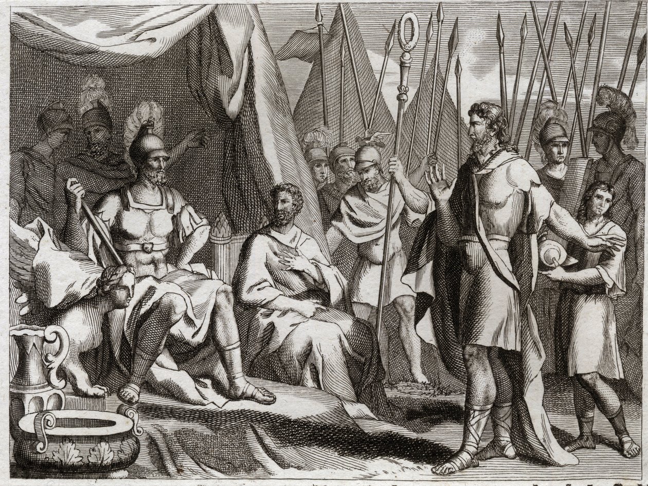 Bibel von Royaumont, Altes Testament: Holofernes. General der Armee von Nebukadnezar II., Holofernes nähert sich Judäa. Ahior, König der Ammoniter, der ihm entgegenkam, erhebt vor Holofernes die Macht des Gottes der Juden. Illustration von 1811. von Unknown artist