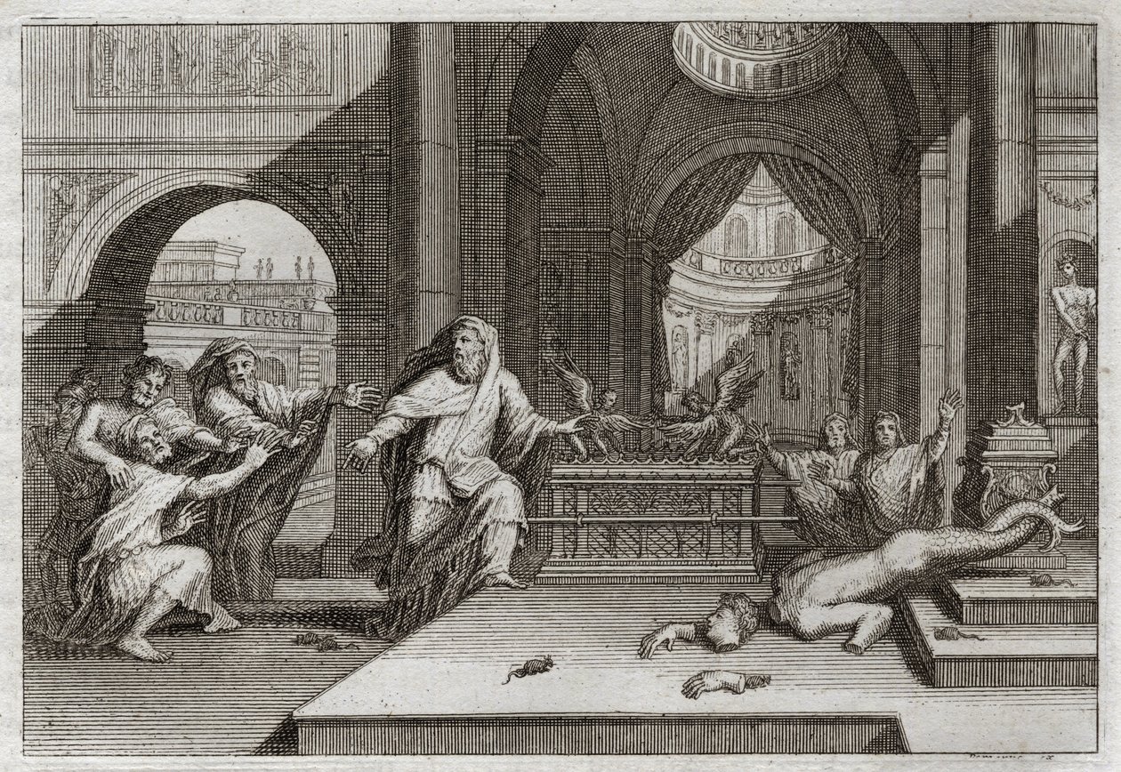 Royaumont-Bibel, Altes Testament: Idol von Dagon. Und als die Philister die Bundeslade in den Tempel neben Dagon, ihren Gott, stellten, brachte sie ihr Idol zu Fall und schlug sie alle mit einer sehr schweren Plage, die sie zwang, sie wegzuschicken. Illus von Unknown artist