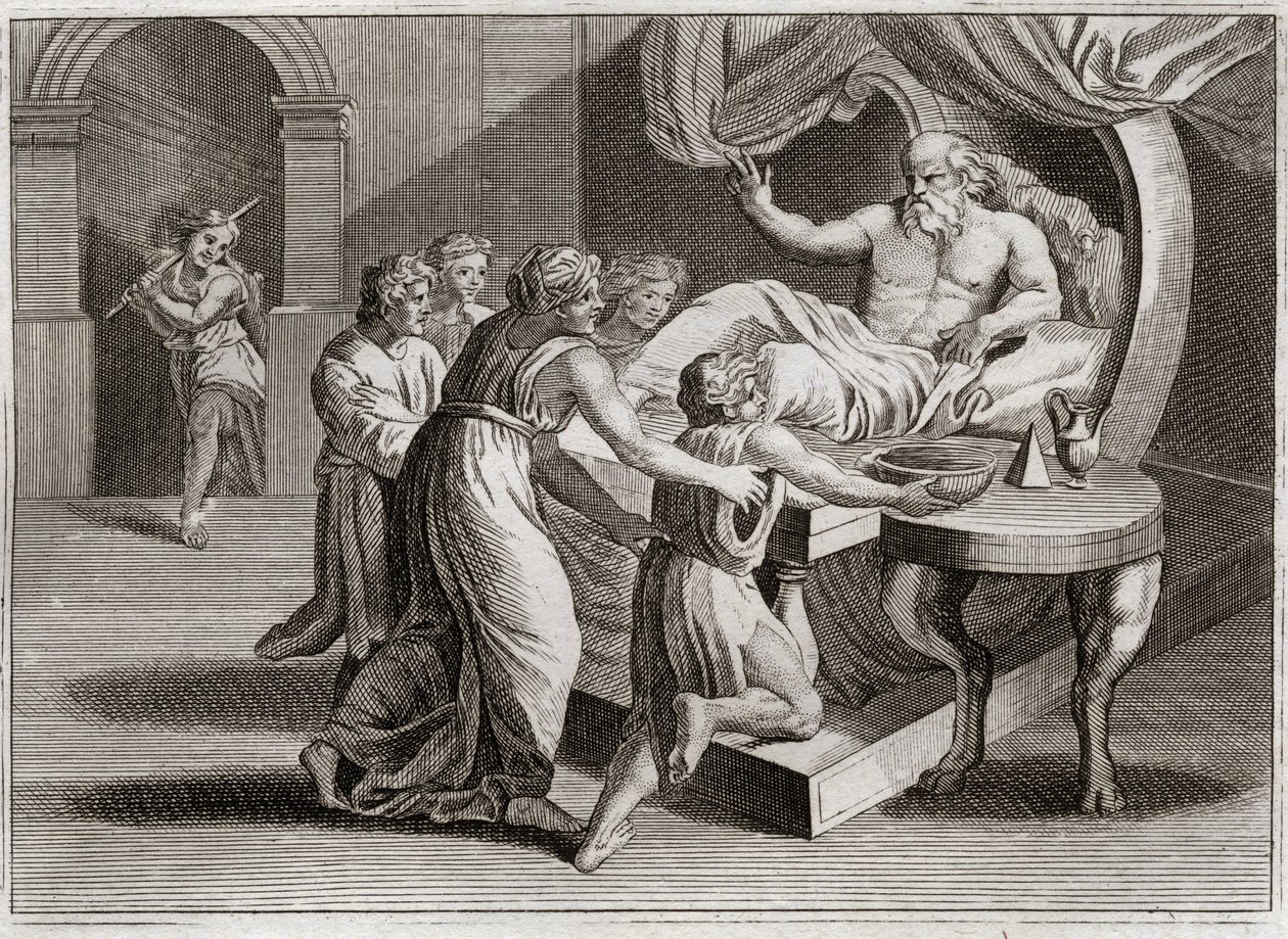 Bibel von Royaumont, Altes Testament: Isaak segnet Jakob. Isaak, der Esau segnen wollte, gibt seinen Segen durch die Weisheit Rebekkas an Jakob, dem er nach dem Plan Gottes gehörte. Illustration von 1811. von Unknown artist