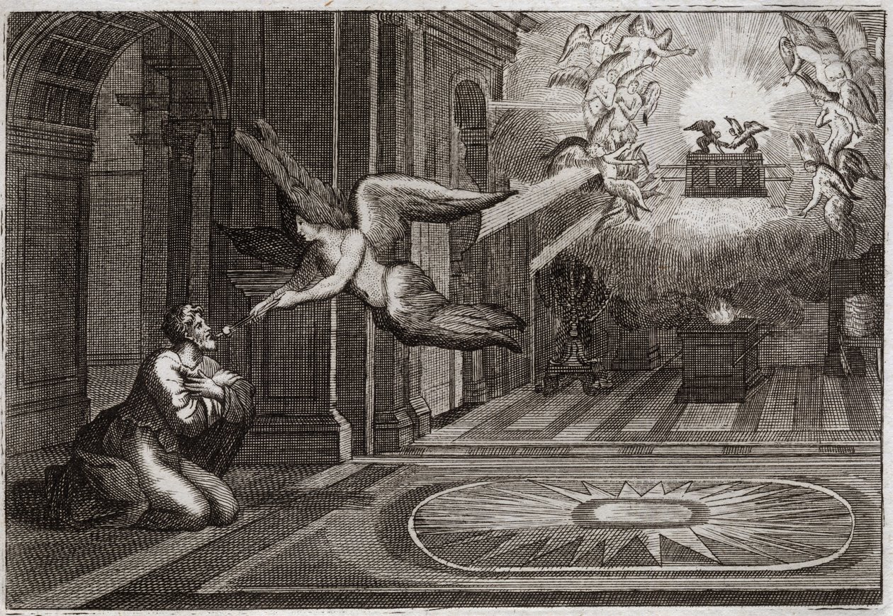 Bibel von Royaumont, Altes Testament: Jesaja der Prophet. Ein Seraphin nahm mit seiner Zange eine glühende Kohle vom Altar und berührte die Lippen dieses heiligen Propheten, um ihn von allen seinen Flecken zu reinigen. Illustration von 1811. von Unknown artist