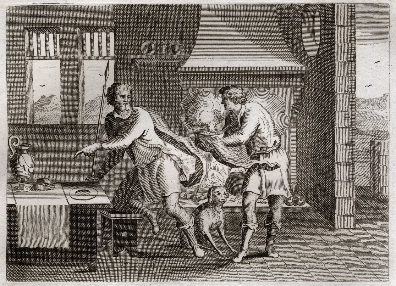 Royaumont-Bibel, Altes Testament: Jakob und Esau. Esau verkauft seinem Bruder Jakob sein Erstgeburtsrecht für einige Linsen. Illustration von 1811. von Unknown artist