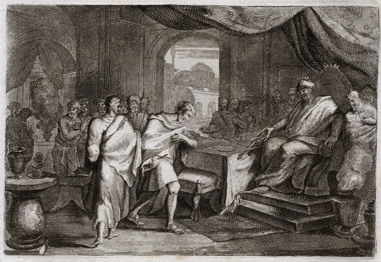 Bibel von Royaumont, Altes Testament: Joachim befreit aus den Ketten. Evilmerodach, König von Babylon, behandelt Joachim, den ehemaligen König von Juda, nach dem Tod von Nebukadnezar II. gut und befreit ihn aus den Ketten. Illustration von 1811. von Unknown artist