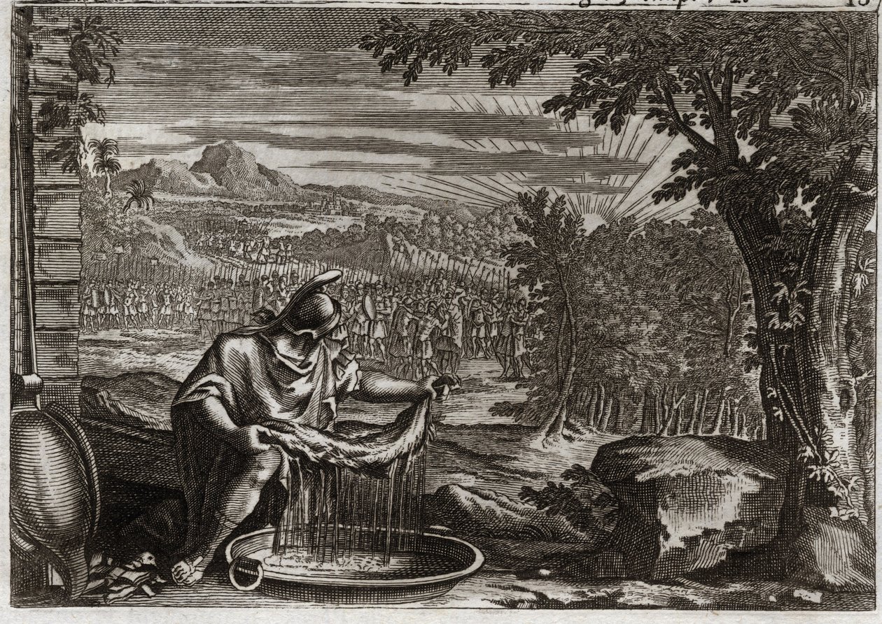 Bibel von Royaumont, Altes Testament: Das Wunder des Vlieses. Gedeon (Gideon) erhielt von Gott das Wunder des Vlieses als Beweis, dass er ihn auserwählt hatte und dass er ihn zum Befreier seines Volkes machen würde. Illustration von 1811. von Unknown artist