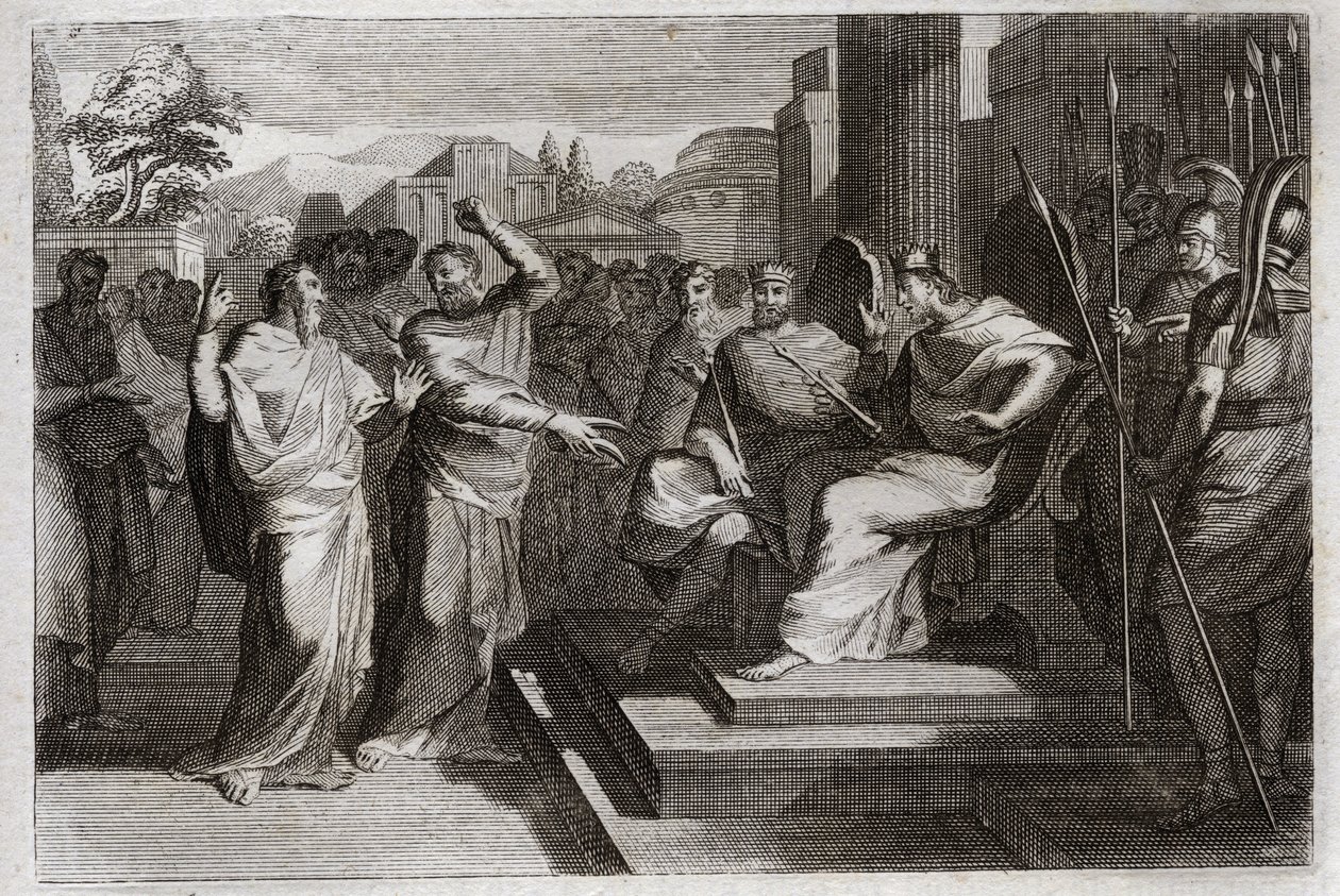 Royaumont-Bibel, Altes Testament: Frömmigkeit von Josaphat. Josaphat, der frommste König von Juda, lässt alle Fürsten um ihn herum erzittern und zeigt auf verschiedene Weise seine Frömmigkeit gegenüber Gott, was ihn siegreich über seine Feinde machte. Illu von Unknown artist