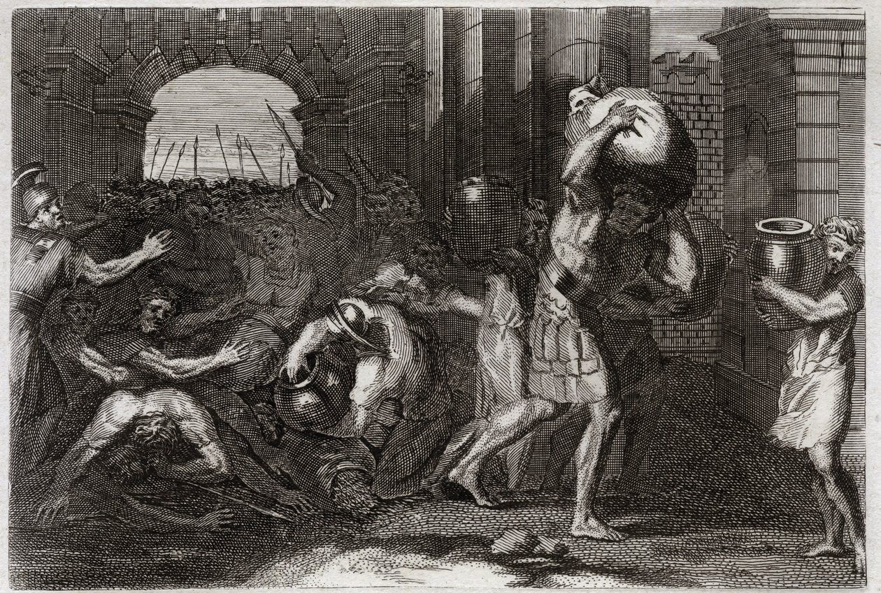 Royaumont-Bibel, Altes Testament: Vorhersage von Elisa. Ein Herr von Samaria, der die Worte von Elisa missverstanden hat, wird zu seinen Füßen niedergetrampelt. Illustration von 1811 von Unknown artist
