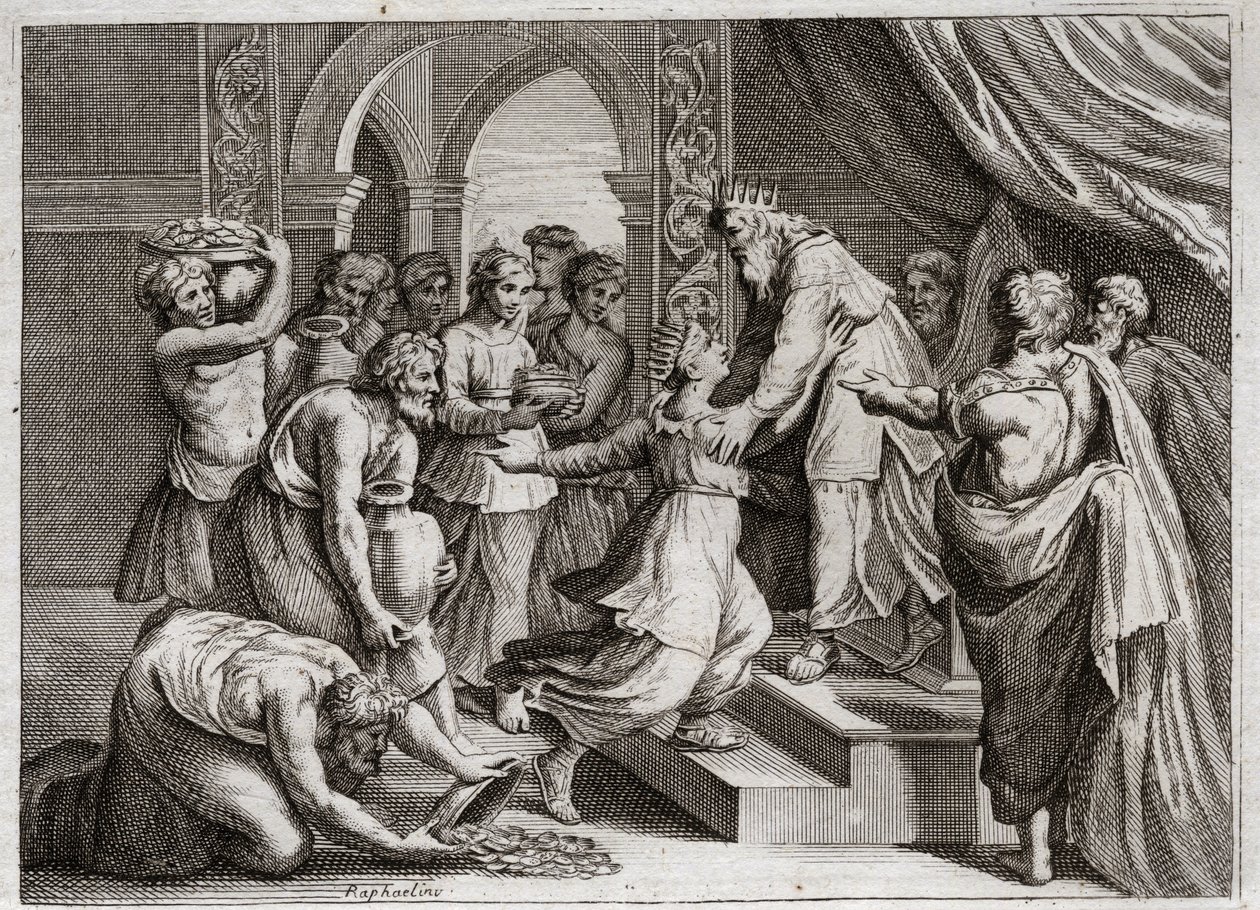 Bibel von Royaumont, Altes Testament: Königin von Saba. Die Königin von Saba kommt zu Salomo, um seine Weisheit zu hören und ihm Geschenke zu bringen. Illustration von 1811. von Unknown artist