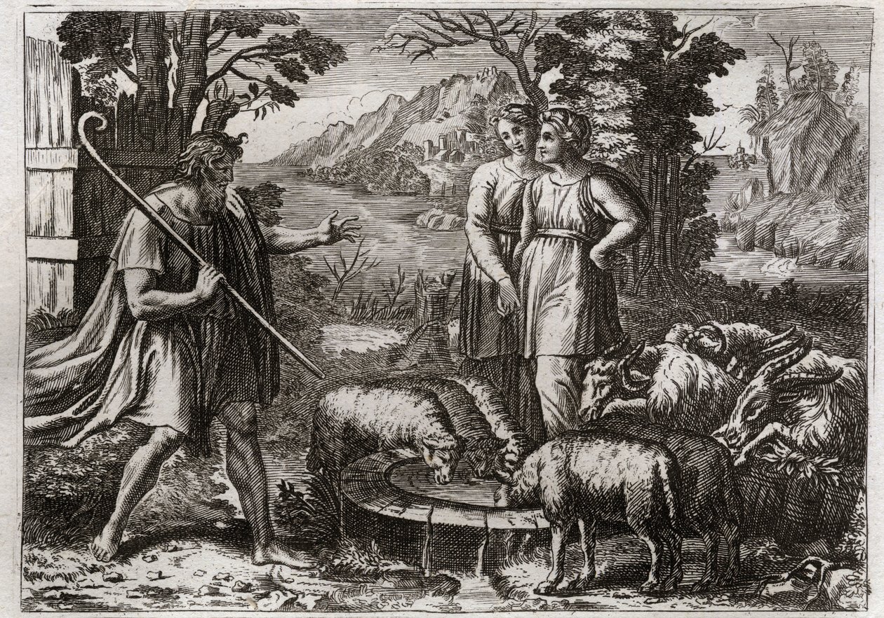 Royaumont-Bibel, Altes Testament: Rahel und Lea. Jakob dient Laban, seinem Onkel, um dessen Tochter Rahel zu heiraten. Illustration von 1811. von Unknown artist