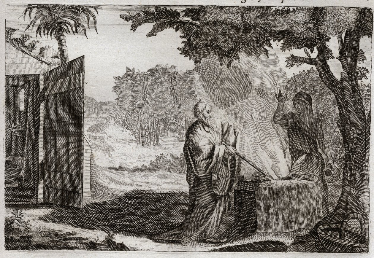 Bibel von Royaumont, Altes Testament: Opfer von Gedeon. Gedeon (Gideon) wird von Gott berufen, die Juden von ihren Feinden zu befreien. Er bringt ein Opfer auf einem Stein dar, aus dem ein Feuer hervorgeht, das es verzehrt. Illustration von 1811. von Unknown artist