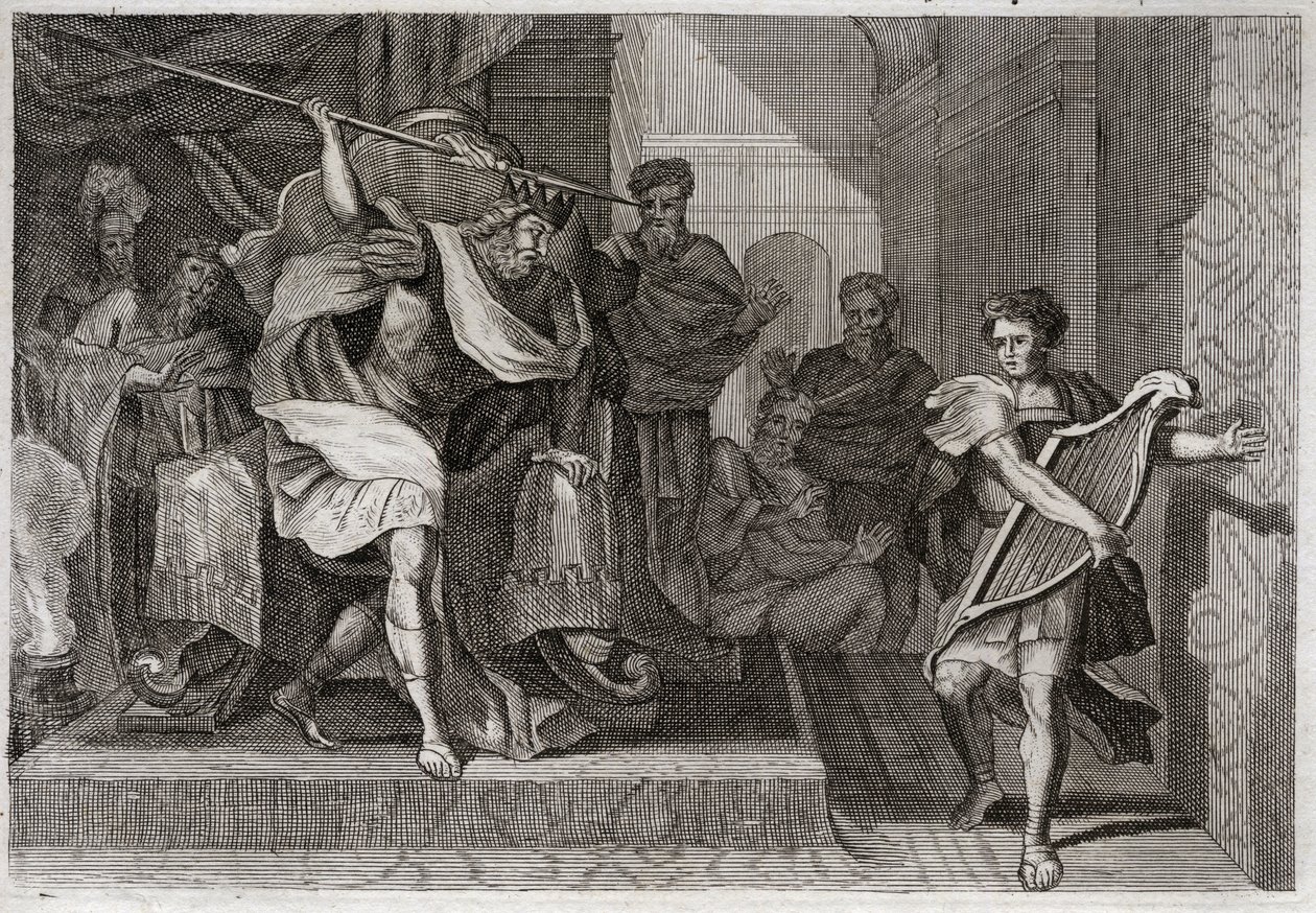 Royaumont-Bibel, Altes Testament: Saul will David töten. Saul, voller Zorn und Neid gegen David, will ihn mit seinem Speer durchbohren, als er vor ihm die Harfe spielte. Illustration von 1811. von Unknown artist