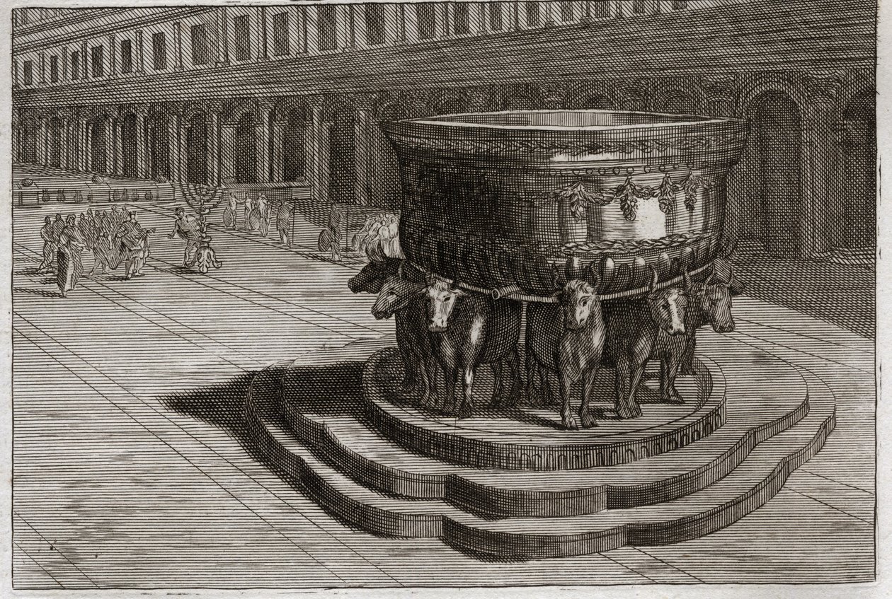 Bibel von Royaumont, Altes Testament: Meer aus Bronze. Guss nennt gewöhnlich das Meer aus Bronze, um die Füße und Hände der Priester zu waschen, wenn sie den Tempel betreten. Illustration von 1811. von Unknown artist