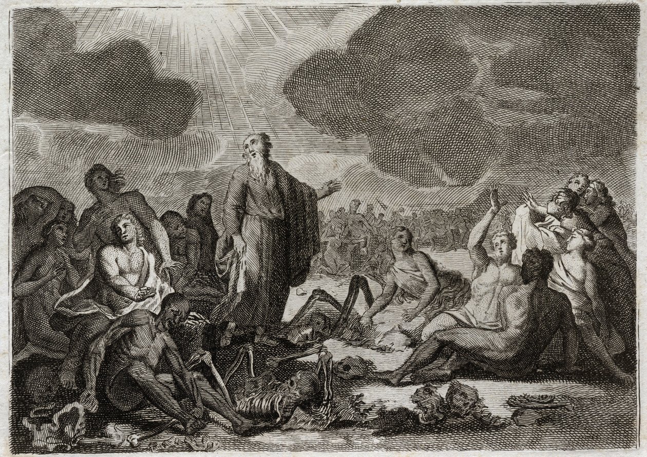 Bibel von Royaumont, Altes Testament: Zweite Vision von Ezechiel. Die Vision, die der Prophet Ezechiel von mehreren vertrockneten Knochen hatte, die eine menschliche Form annahmen. Illustration von 1811. von Unknown artist