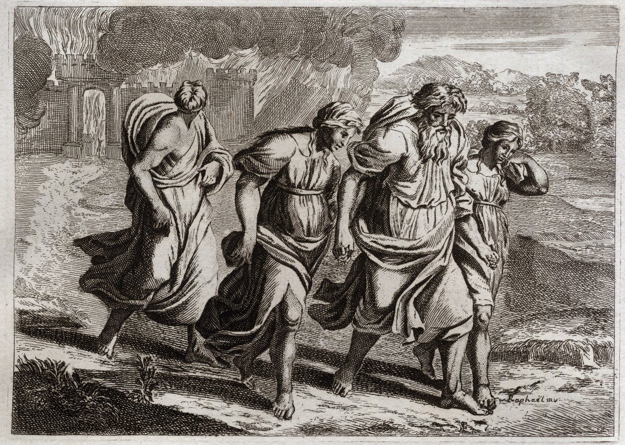 Royaumont-Bibel, Altes Testament: Sodom verbrannt. Gott erzürnt über die abscheulichen Verbrechen von Sodom, verbrennt es mit den anderen benachbarten Städten mit einem Regen aus Feuer und Schwefel, den er vom Himmel herabregnen lässt (Loth, seine Töchter  von Unknown artist