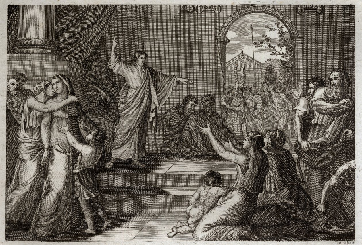 Bibel von Royaumont, Altes Testament: Susanna befreit. Gott nutzt die Weisheit des jungen Daniel, um Susanna vom Tod zu befreien, zu dem sie ungerechterweise verurteilt worden war. Illustration von 1811. von Unknown artist