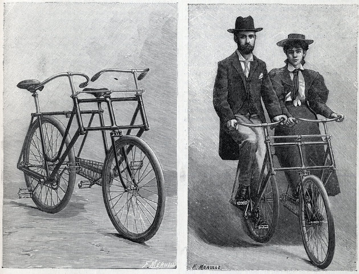 Fahrrad mit zwei Sitzen von der Firma „Punnett Cycle“ ohne und mit Radfahrern. Gravur in „La Nature“ von Unknown artist