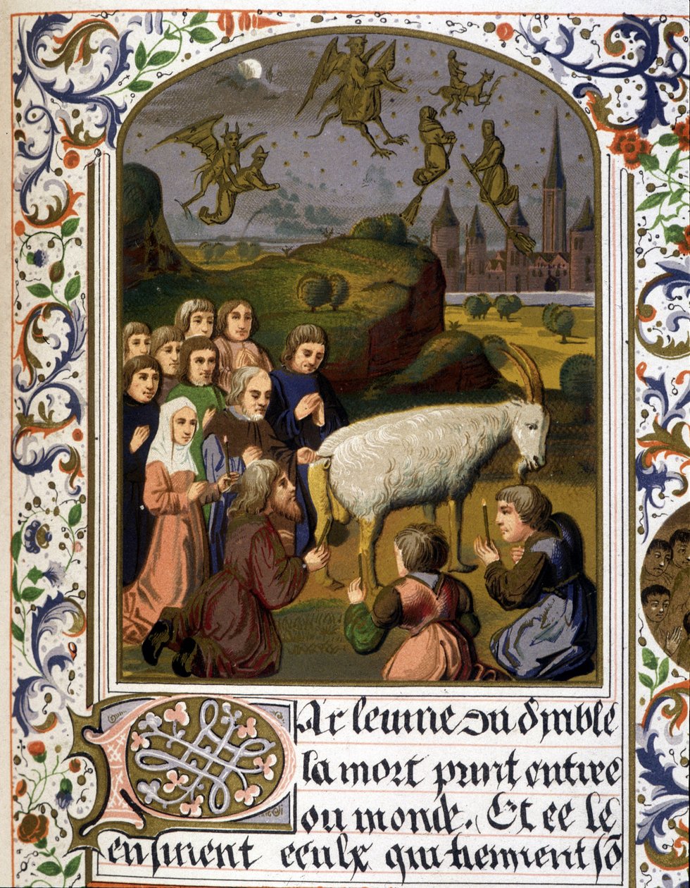 Schwarze Messe um eine Ziege gegen eine Sabbatszene - Faksimile einer Beleuchtung von Unknown artist