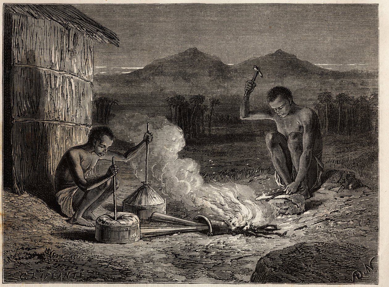 Schmiede in Simiango, an den Ufern des Sambesi-Flusses. Gravur zur Illustration von Dr. Livingstones ersten Reisen nach Südafrika von 1840 bis 1856, in 