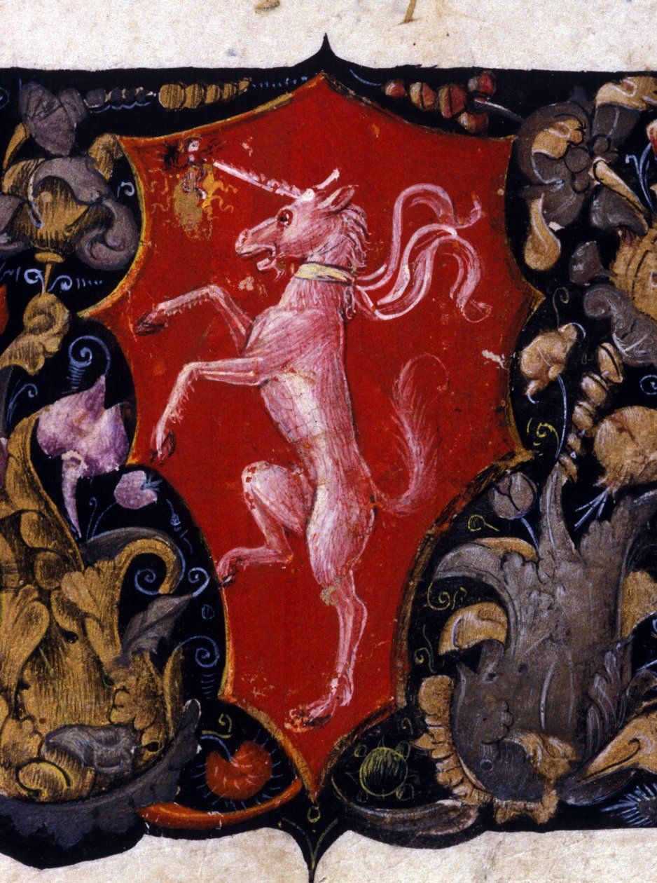 Wappen, das ein Einhorn auf rotem Hintergrund darstellt. Detail einer Miniatur. 15. Jahrhundert von Unknown artist