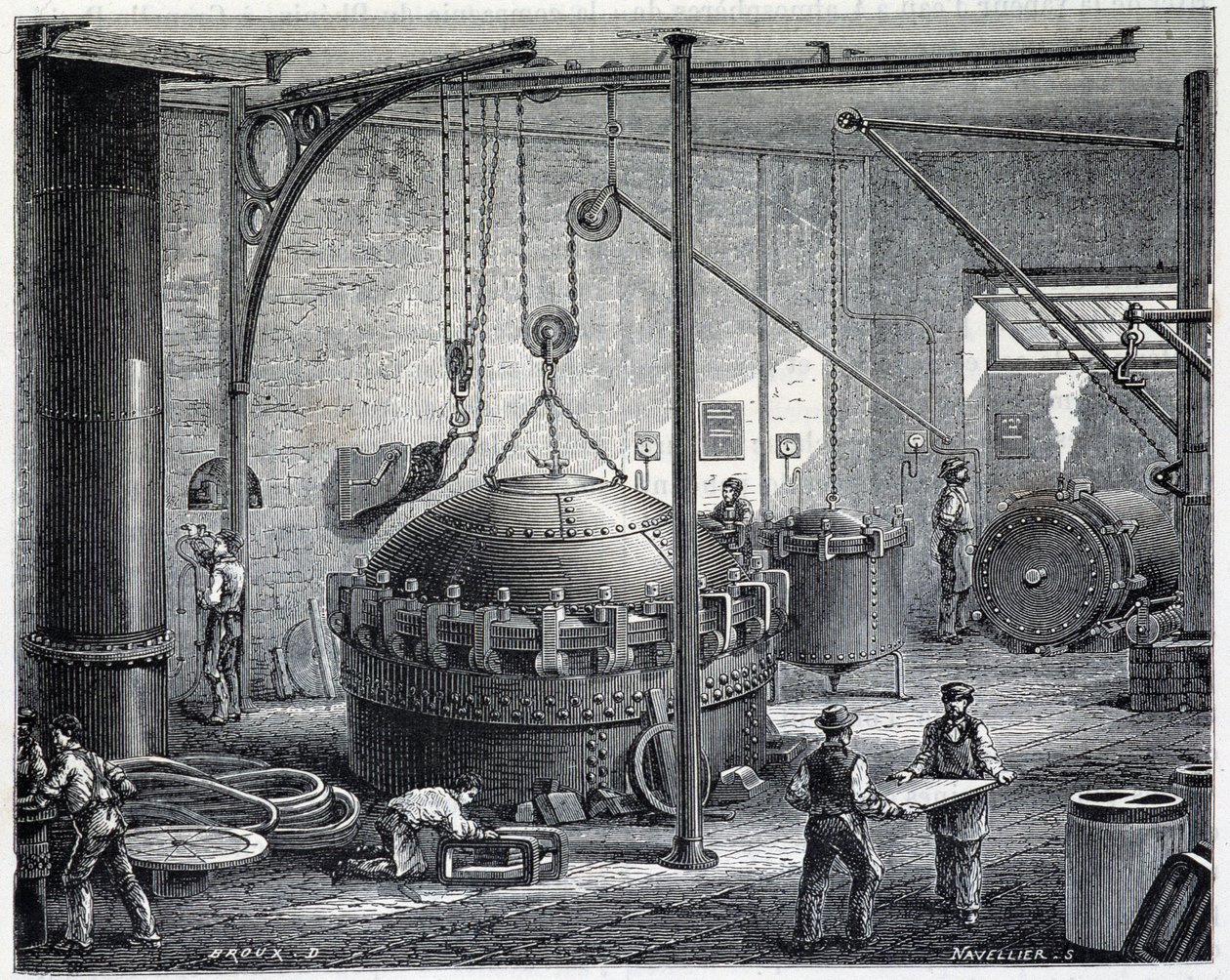 Kessel zur Vulkanisierung von Gummi durch Nassdampf - in „Die Wunder der Industrie“ von Louis Figuier von Unknown artist