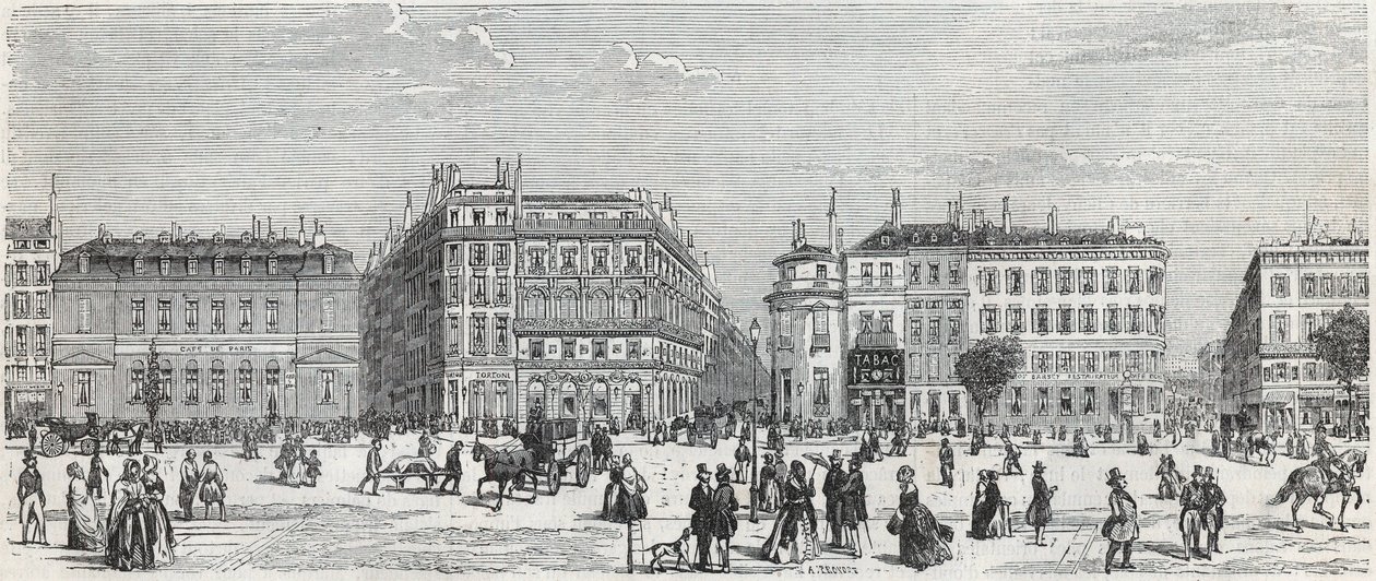 Boulevard des Italiens mit dem Café de Paris, der Rue Taitbout, dem Haus Dorée, der Rue Lafitte, dem Café Riche und der Rue Lepelletier - Gravur in „Tableau-de-Paris“ von Edmond Texier 1852 von Unknown artist