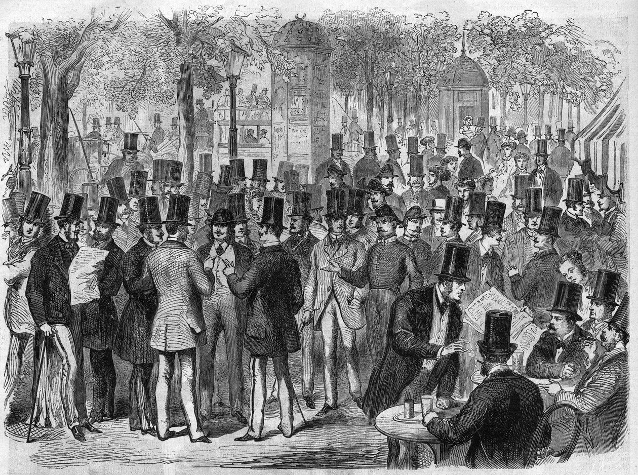 Makler in der Nähe der kleinen Börse am Boulevard des Italiens in Paris, Frankreich. Gravur in „Das illustrierte Universum“ von Unknown artist