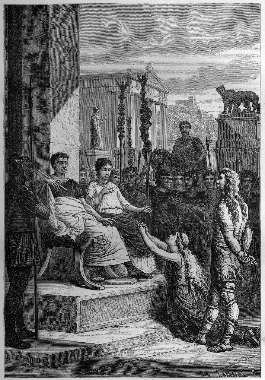 Gefangenschaft von Caratacus - Caratacus (Caratacos, Caratacus) in Gefangenschaft mit seiner Familie spricht den römischen Kaiser Claudius (Claude I) (10 v. Chr.-54 n. Chr.) an - Gravur in „L