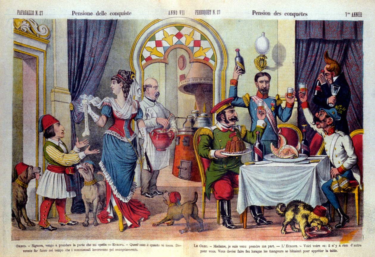 Karikatur der italienischen Zeitung „Le Parroquet“ (il Pappagallo) zum Berliner Kongress (Congresso di Berlino) 1878 (Diplomatische Konferenz). Der Berliner Kongress wurde abgehalten, um Russlands Ungerechtigkeiten gegenüber der Türkei zu überprüfen: Türke von Unknown artist