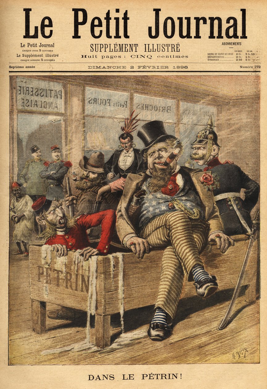 Karikatur über England: Franzosen und Russen, am Eingang einer englischen Konditorei, lachen über die Engländer, im Petrin, mit ihrem deutschen Verbündeten, weil die Engländer diplomatische Probleme anhäufen, seit der venezolanischen Affäre, die den diplom von Unknown artist